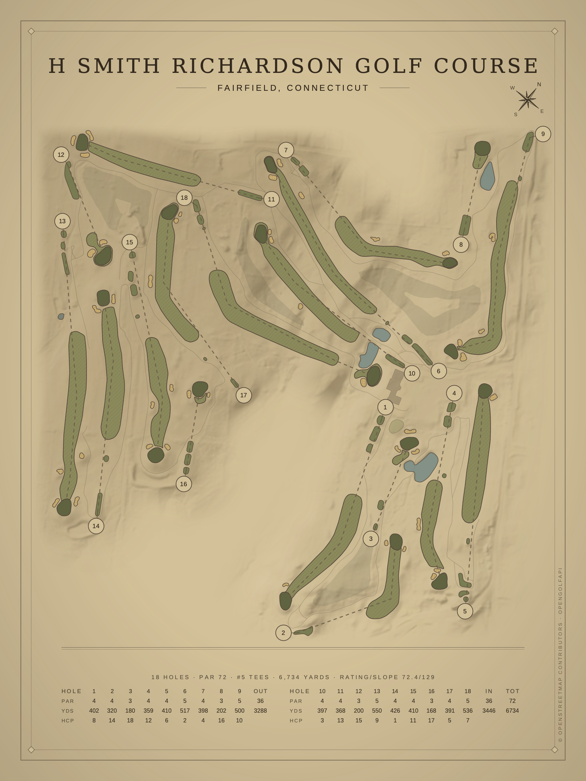 H Smith Richardson Golf Course map poster, Vintage style, 12×16 / 18×24