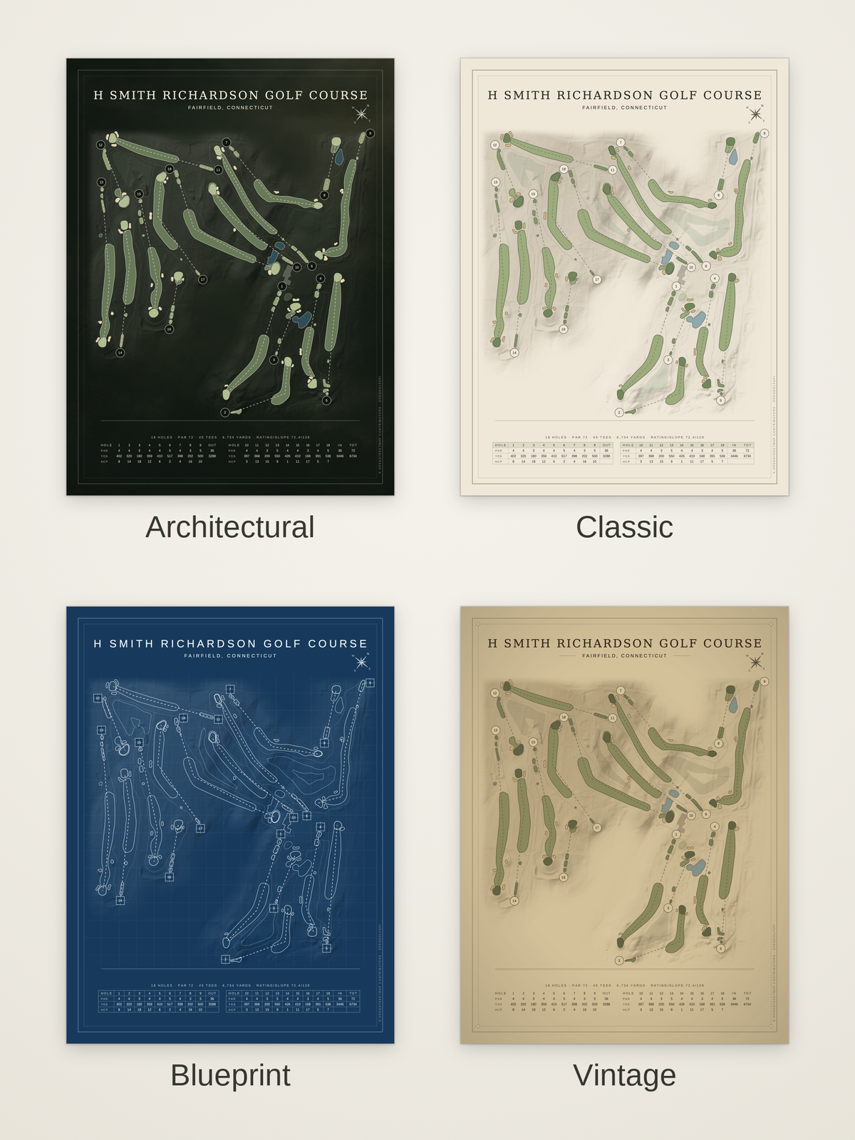 H Smith Richardson Golf Course map poster in four styles: Architectural, Classic, Blueprint and Vintage