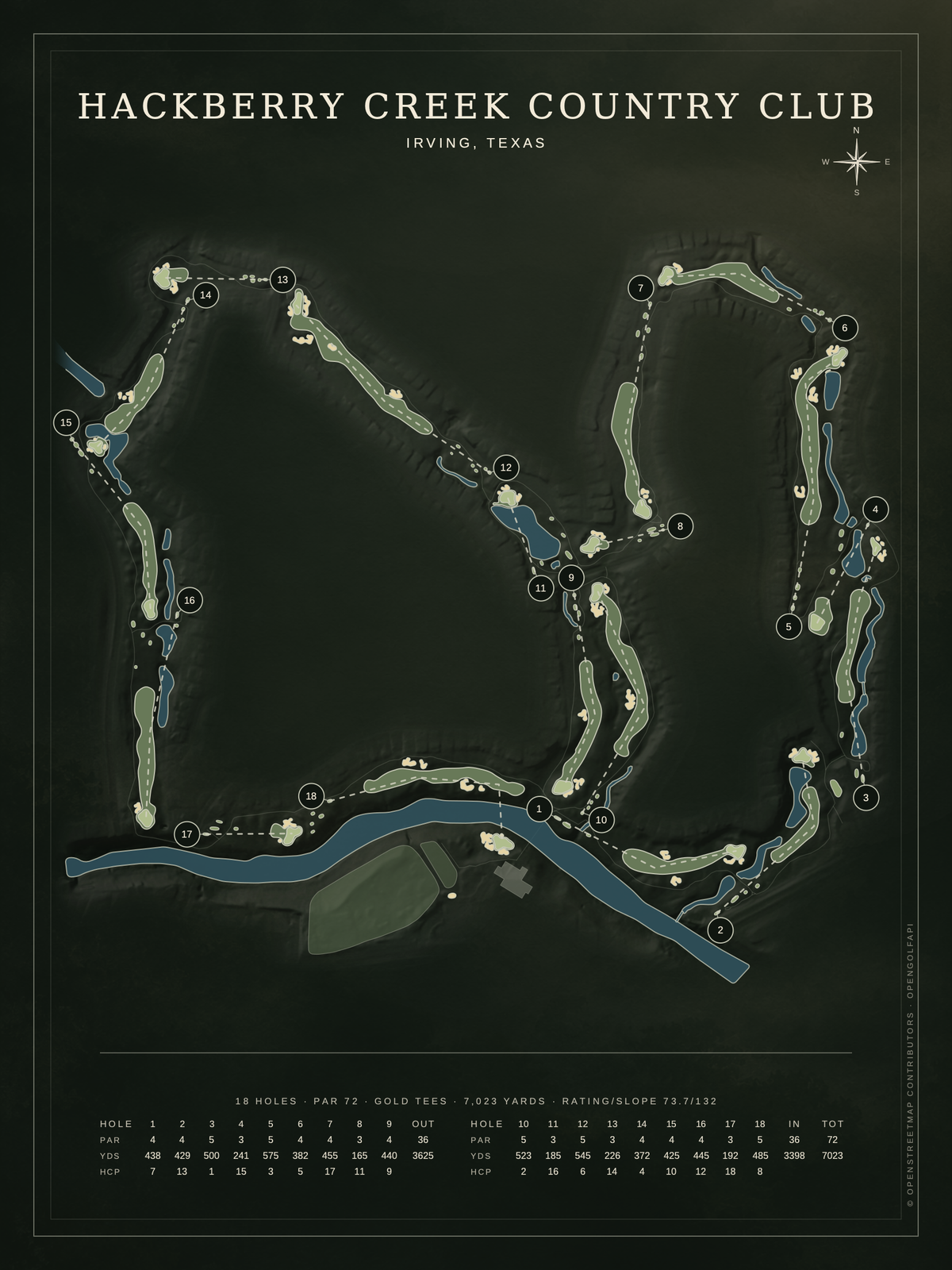 Hackberry Creek Country Club course map poster, Architectural style, 12×16 / 18×24