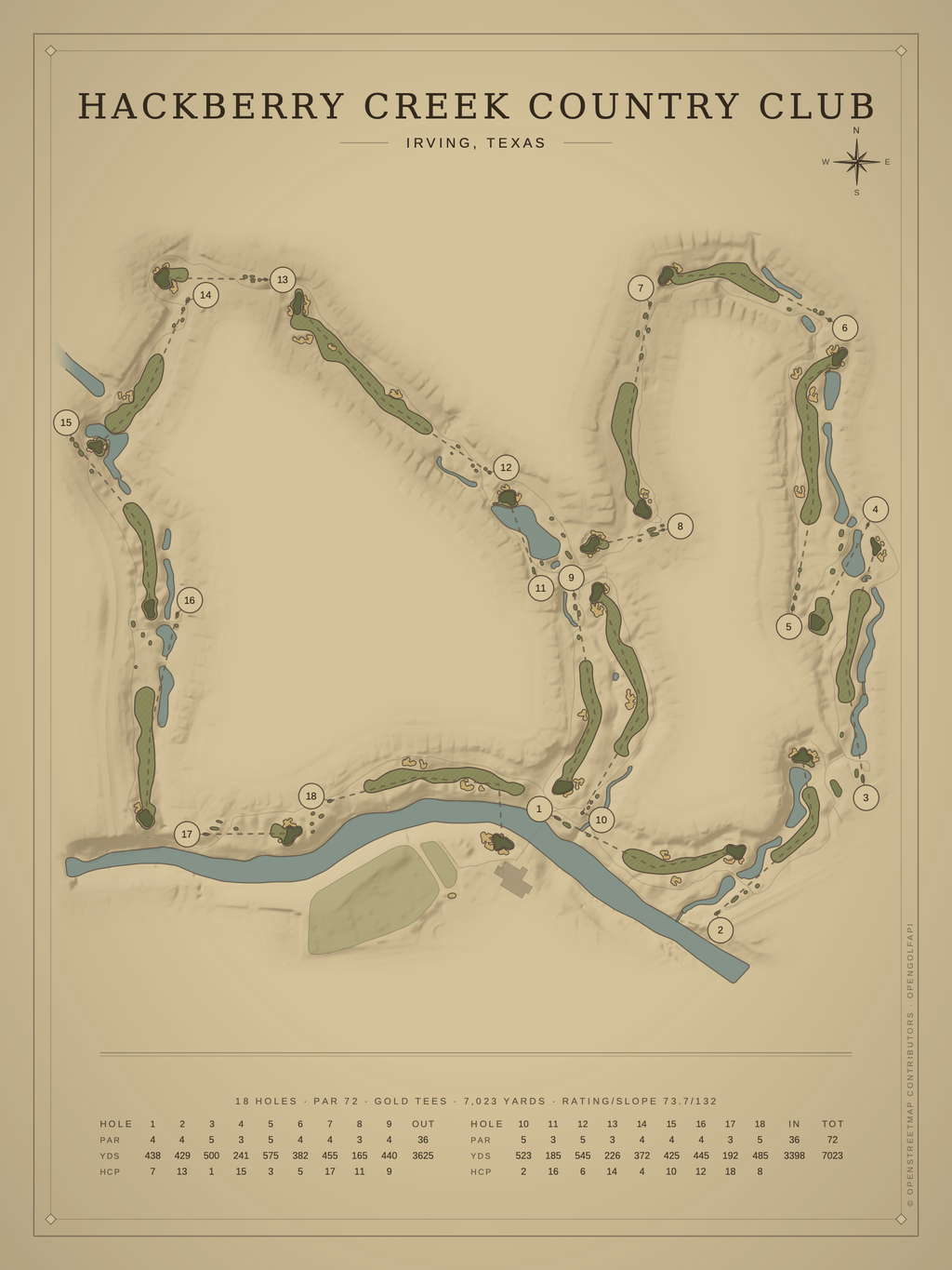Hackberry Creek Country Club course map poster, Vintage style, 12×16 / 18×24