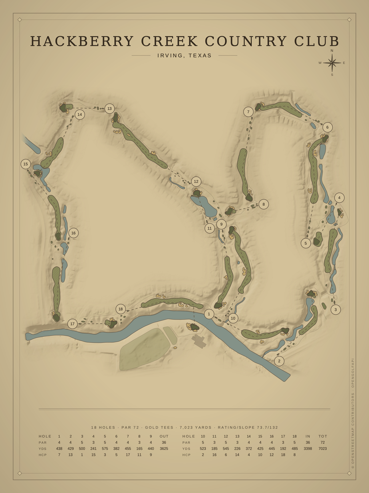 Hackberry Creek Country Club course map poster, Vintage style, 12×16 / 18×24