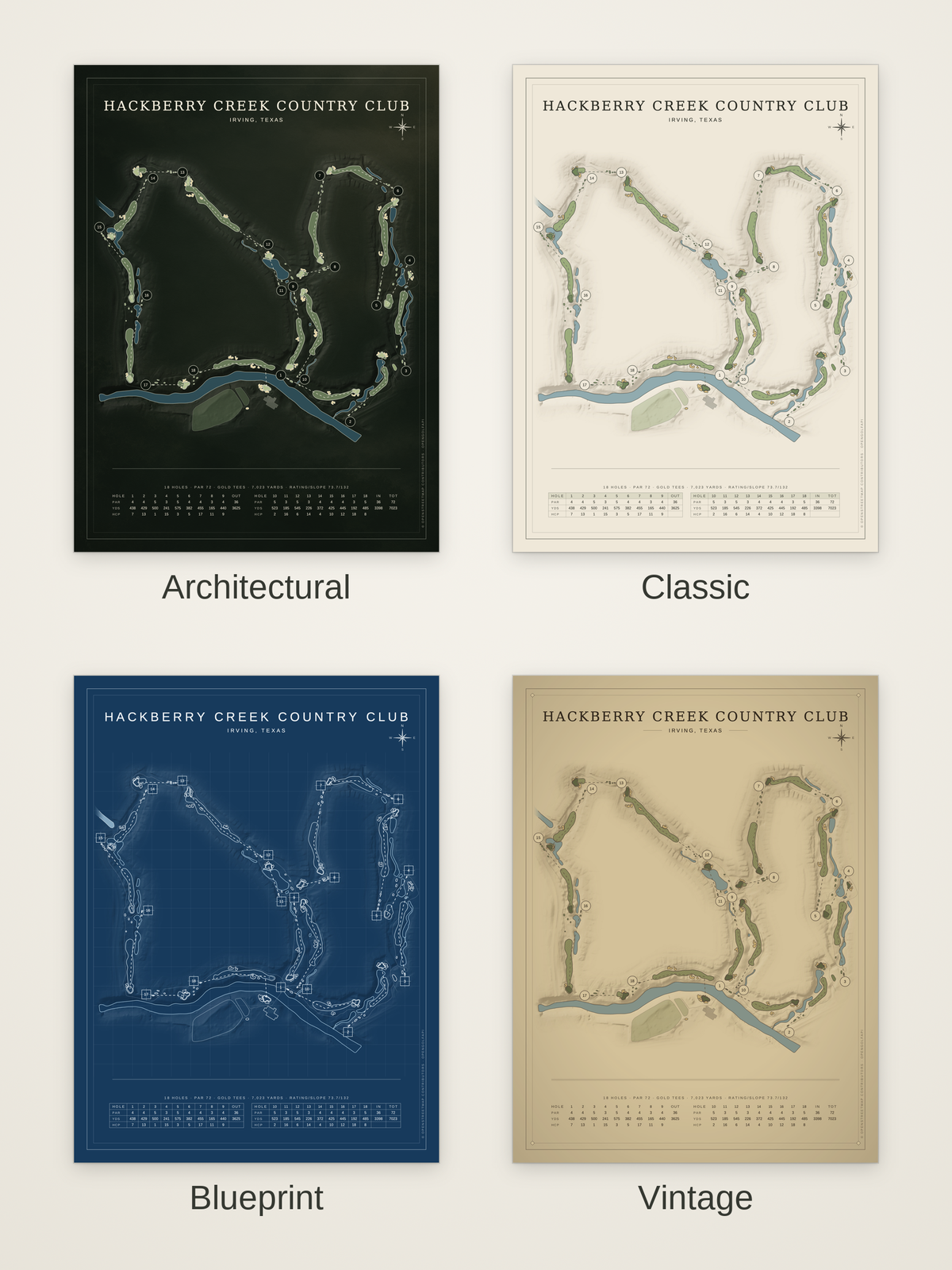 Hackberry Creek Country Club course map poster in four styles: Architectural, Classic, Blueprint and Vintage