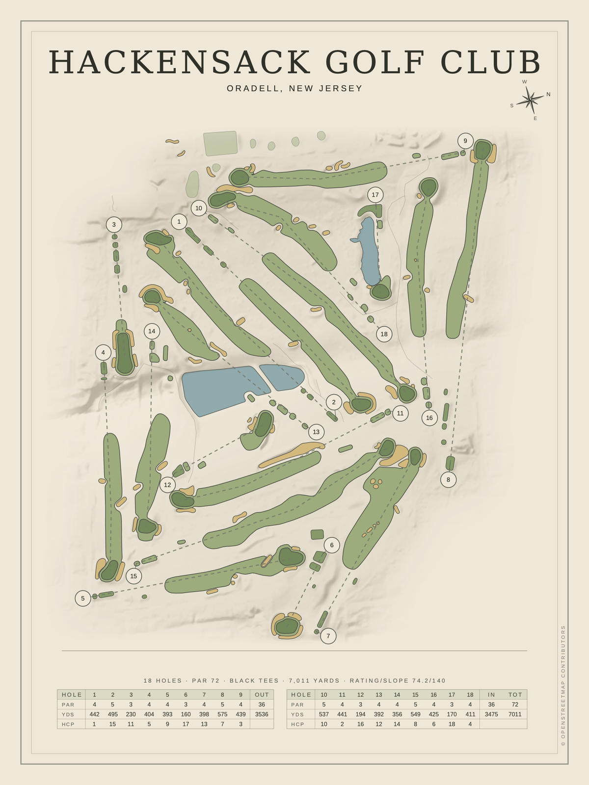 Hackensack Golf Club course map poster, Classic style, 12×16 / 18×24