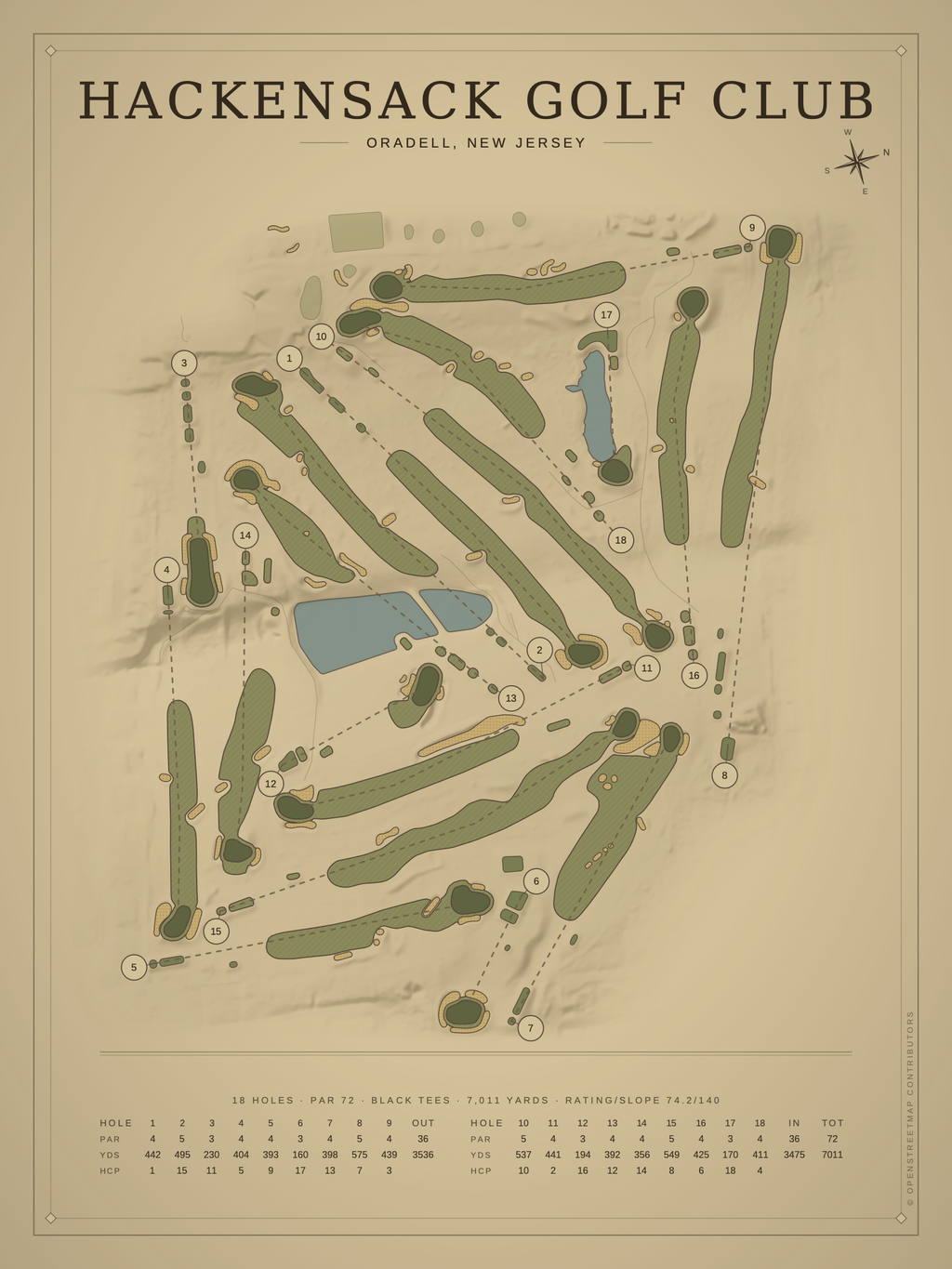 Hackensack Golf Club course map poster, Vintage style, 12×16 / 18×24