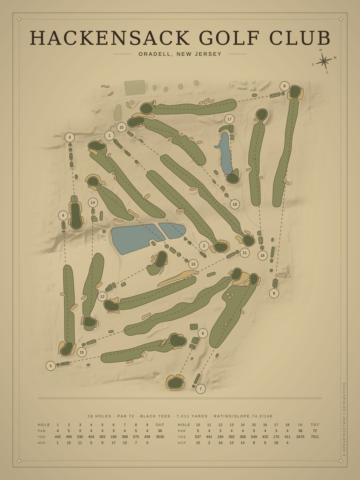 Hackensack Golf Club course map poster, Vintage style, 12×16 / 18×24