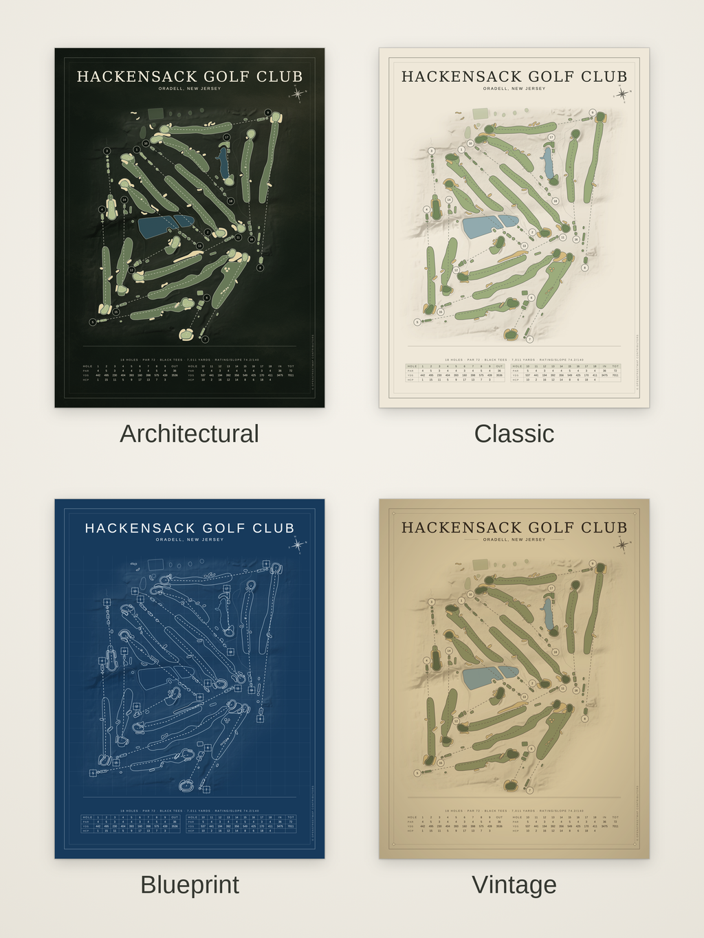 Hackensack Golf Club course map poster in four styles: Architectural, Classic, Blueprint and Vintage