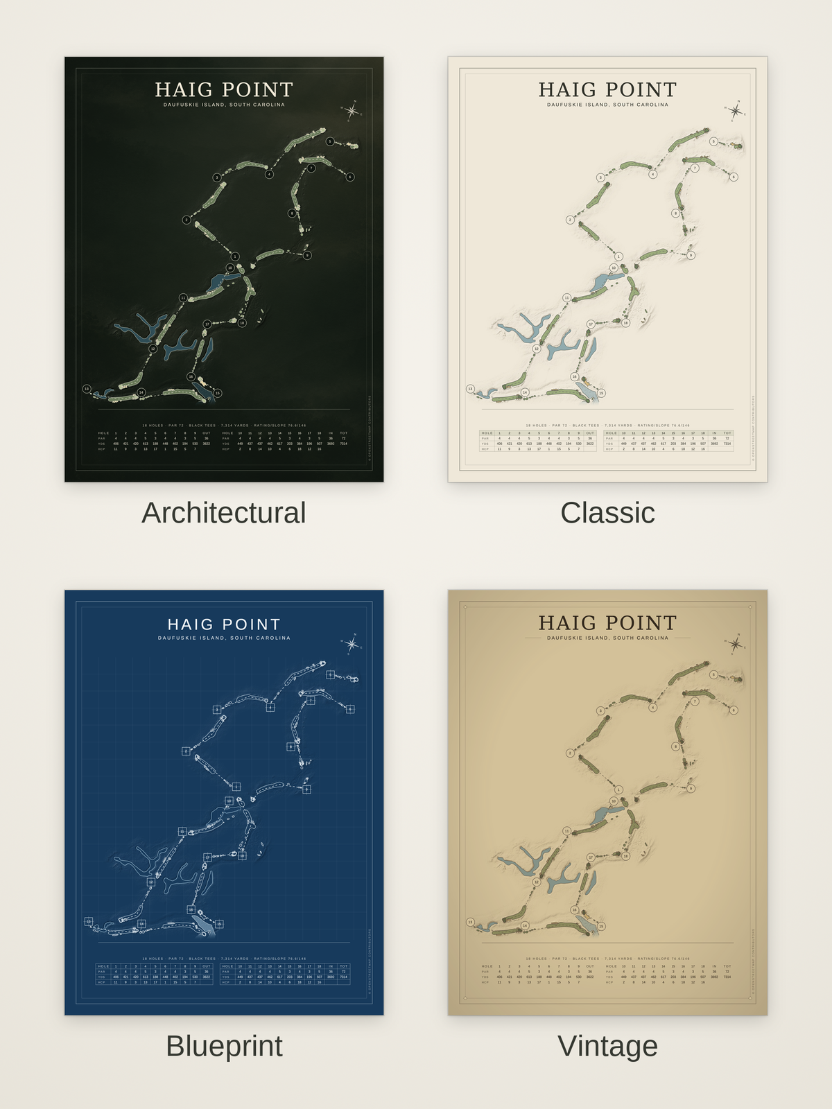 Haig Point course map poster in four styles: Architectural, Classic, Blueprint and Vintage