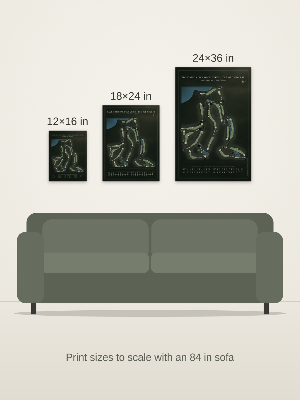 Half Moon Bay Golf Links - The Old Course map poster in the Architectural style at 12×16, 18×24 and 24×36 inches, shown to scale on a wall above an 84-inch sofa