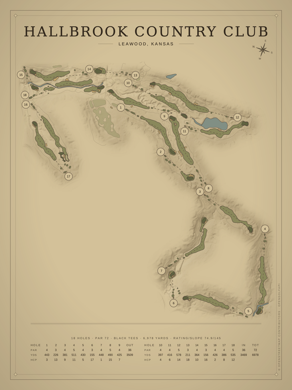 Hallbrook Country Club course map poster, Vintage style, 12×16 / 18×24