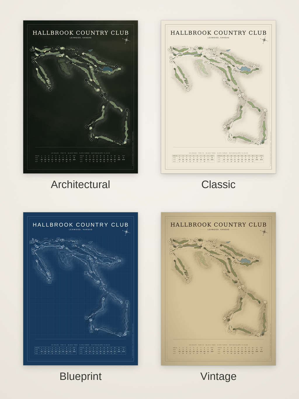 Hallbrook Country Club course map poster in four styles: Architectural, Classic, Blueprint and Vintage