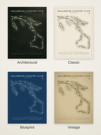 Hallbrook Country Club course map poster in four styles: Architectural, Classic, Blueprint and Vintage
