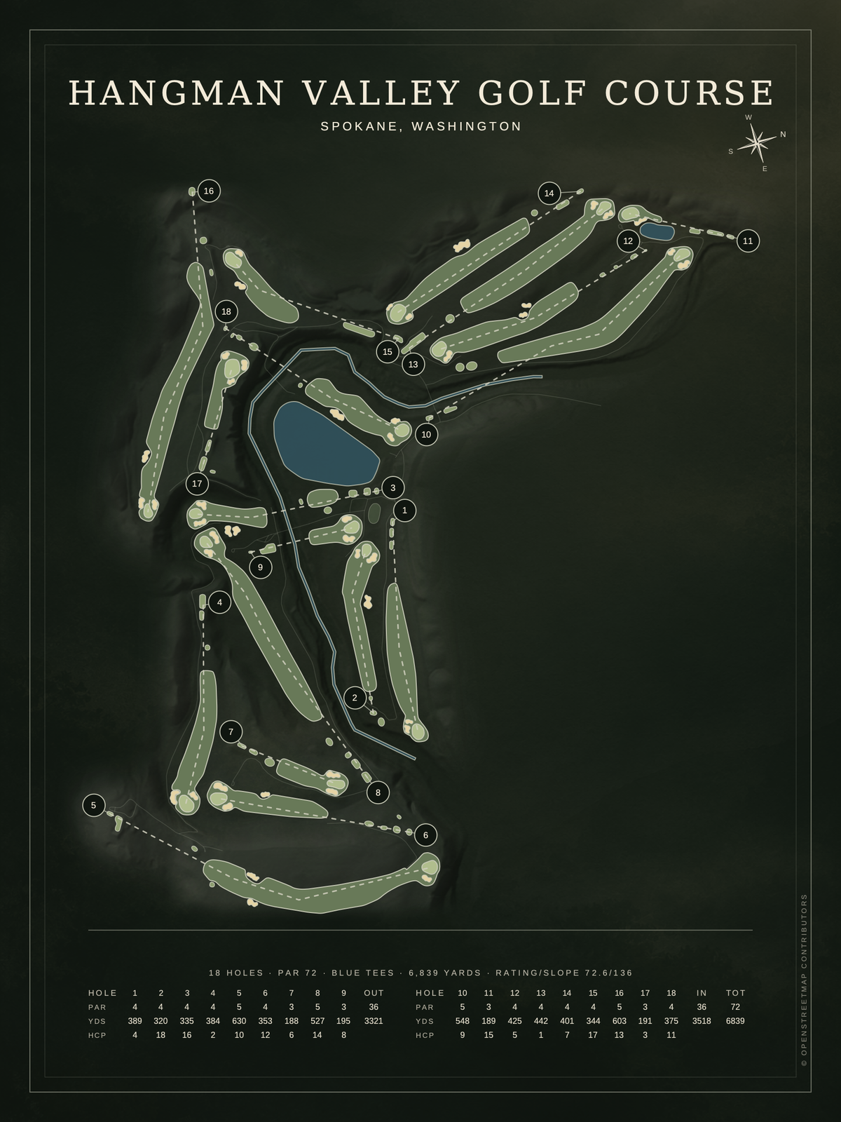 Hangman Valley Golf Course map poster, Architectural style, 12×16 / 18×24