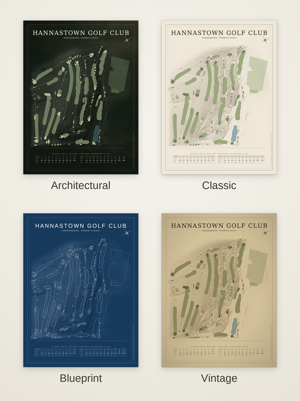 Hannastown Golf Club course map poster in four styles: Architectural, Classic, Blueprint and Vintage