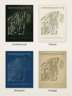 Hannastown Golf Club course map poster in four styles: Architectural, Classic, Blueprint and Vintage