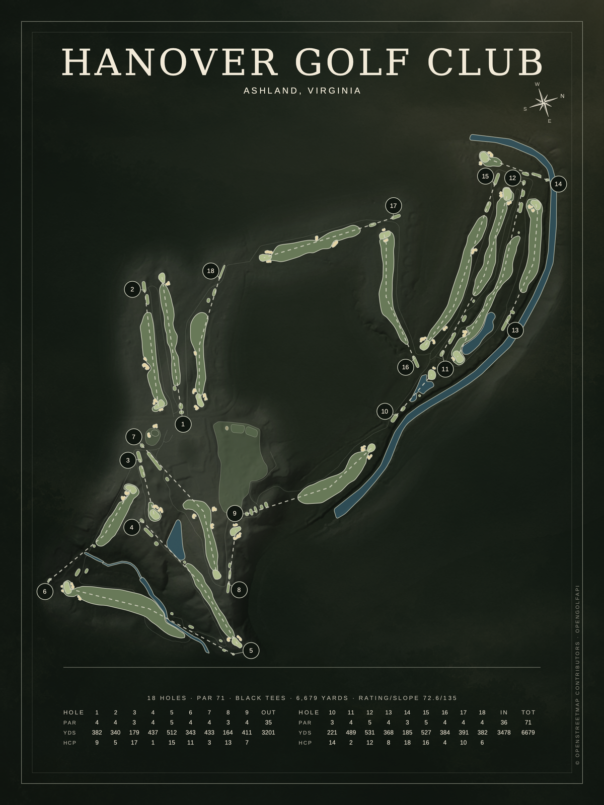 Hanover Golf Club course map poster, Architectural style, 12×16 / 18×24