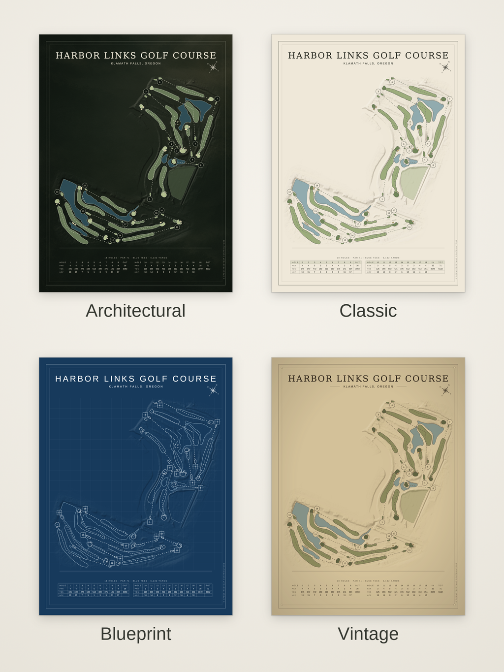 Harbor Links Golf Course map poster in four styles: Architectural, Classic, Blueprint and Vintage