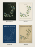 Harbor Links Golf Course map poster in four styles: Architectural, Classic, Blueprint and Vintage
