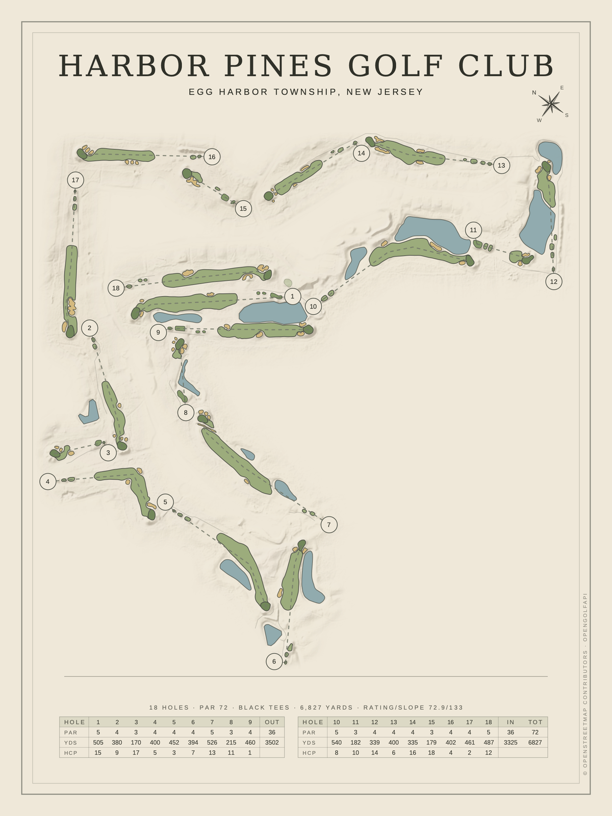 Harbor Pines Golf Club course map poster, Classic style, 12×16 / 18×24