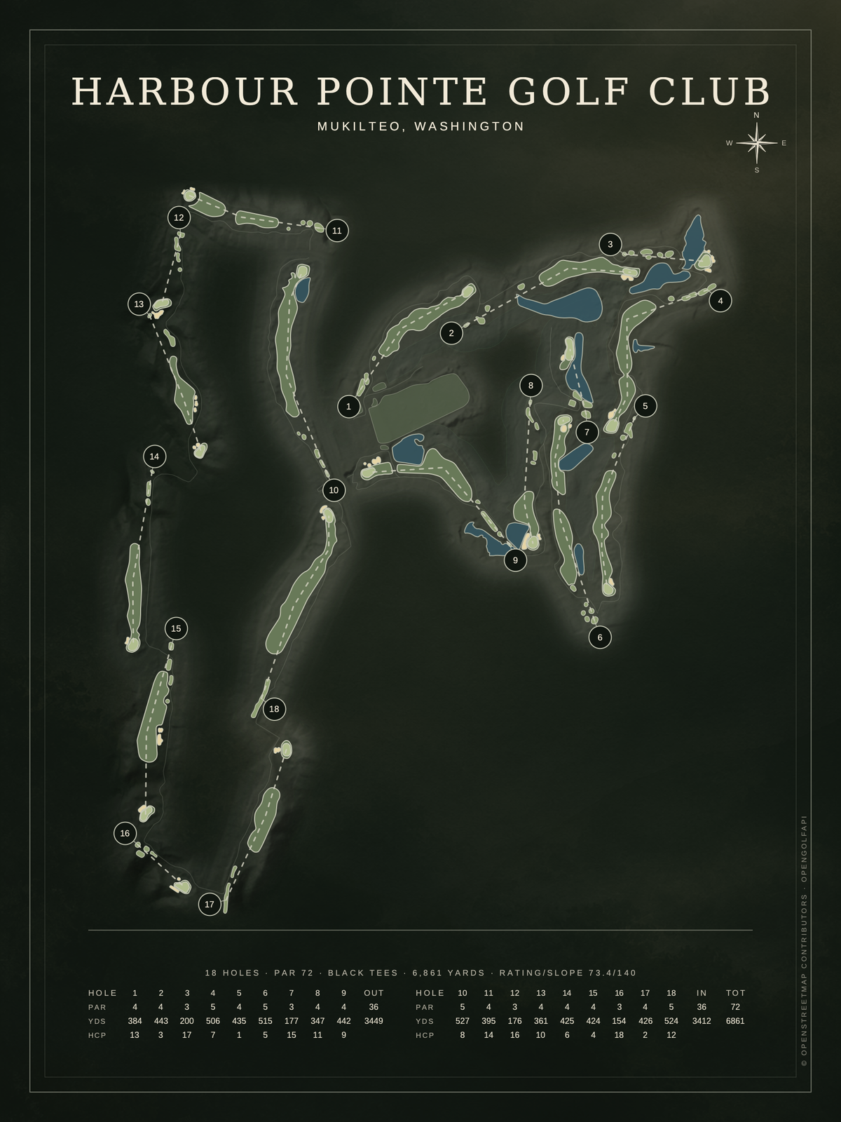 Harbour Pointe Golf Club course map poster, Architectural style, 12×16 / 18×24