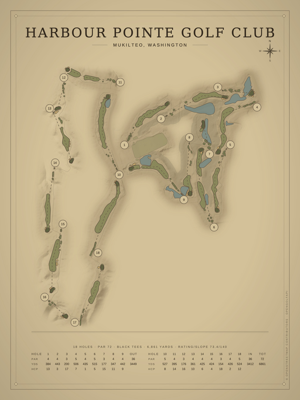 Harbour Pointe Golf Club course map poster, Vintage style, 12×16 / 18×24