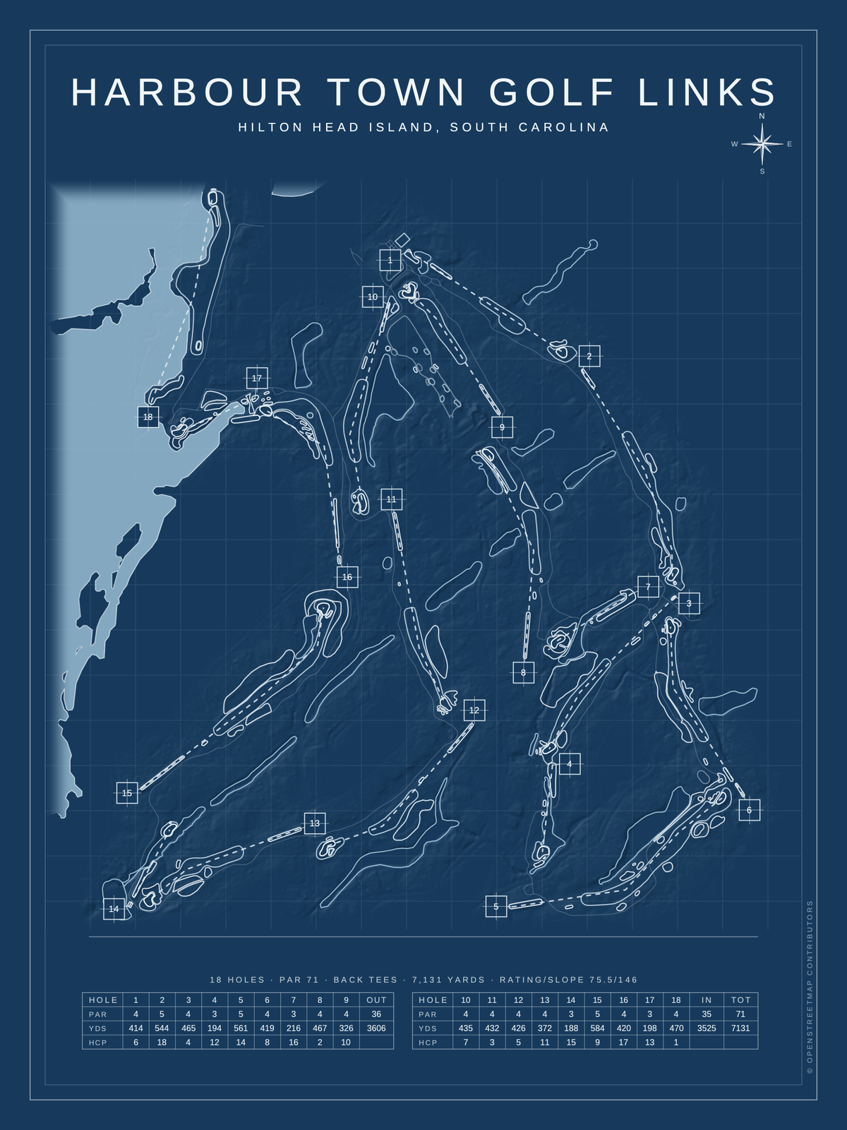 Harbour Town Golf Links course map poster, Blueprint style, 12×16 / 18×24