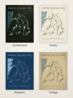 Harbour Town Golf Links course map poster in four styles: Architectural, Classic, Blueprint and Vintage