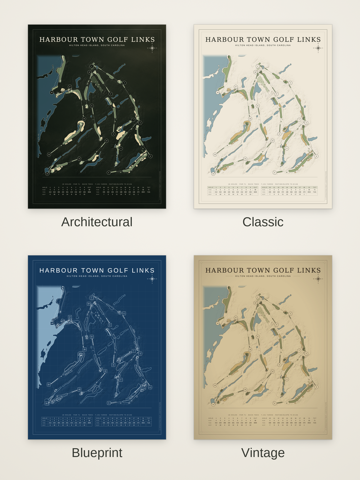 Harbour Town Golf Links course map poster in four styles: Architectural, Classic, Blueprint and Vintage