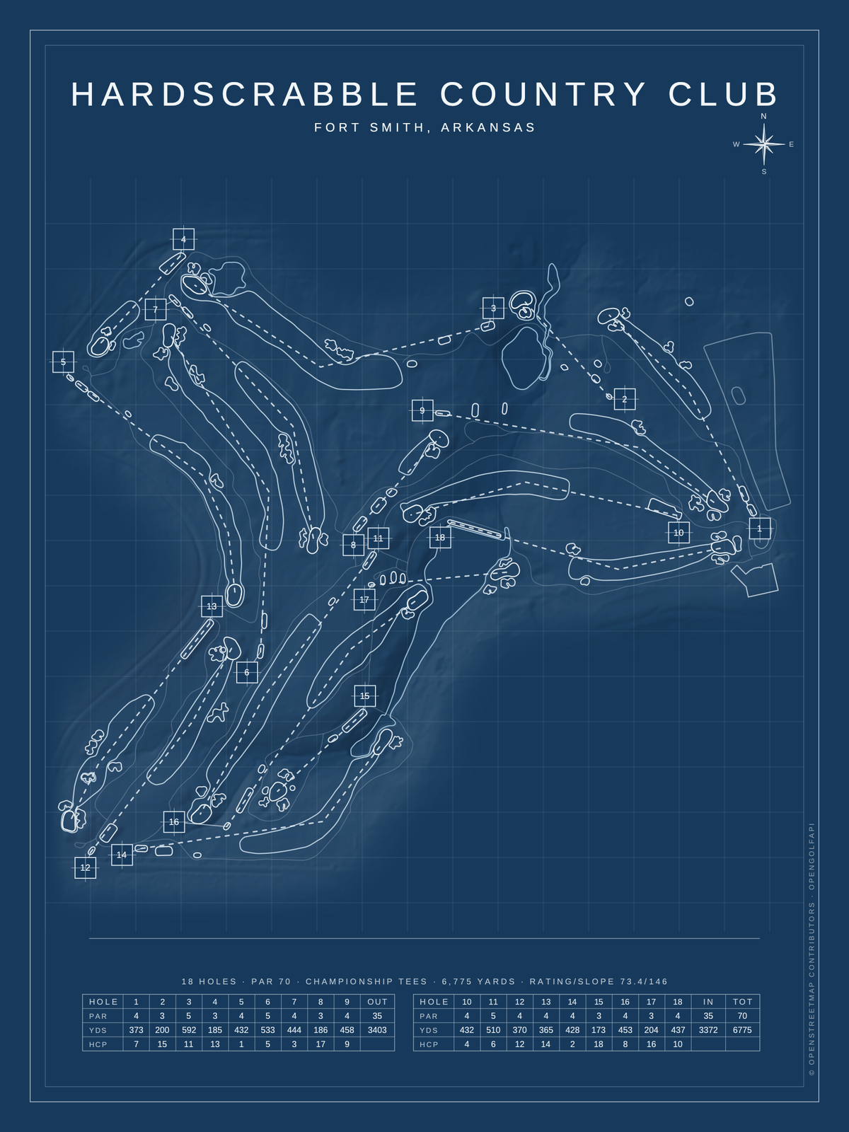 Hardscrabble Country Club course map poster, Blueprint style, 12×16 / 18×24