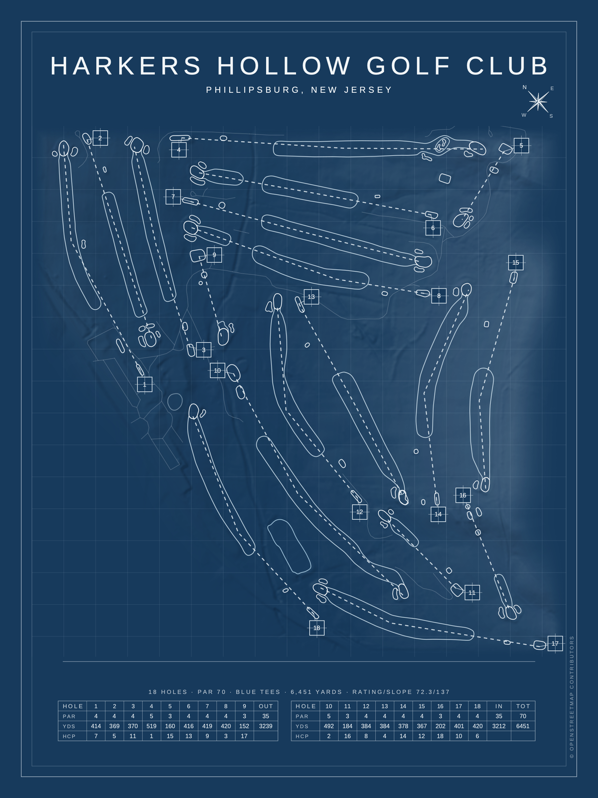 Harkers Hollow Golf Club course map poster, Blueprint style, 12×16 / 18×24