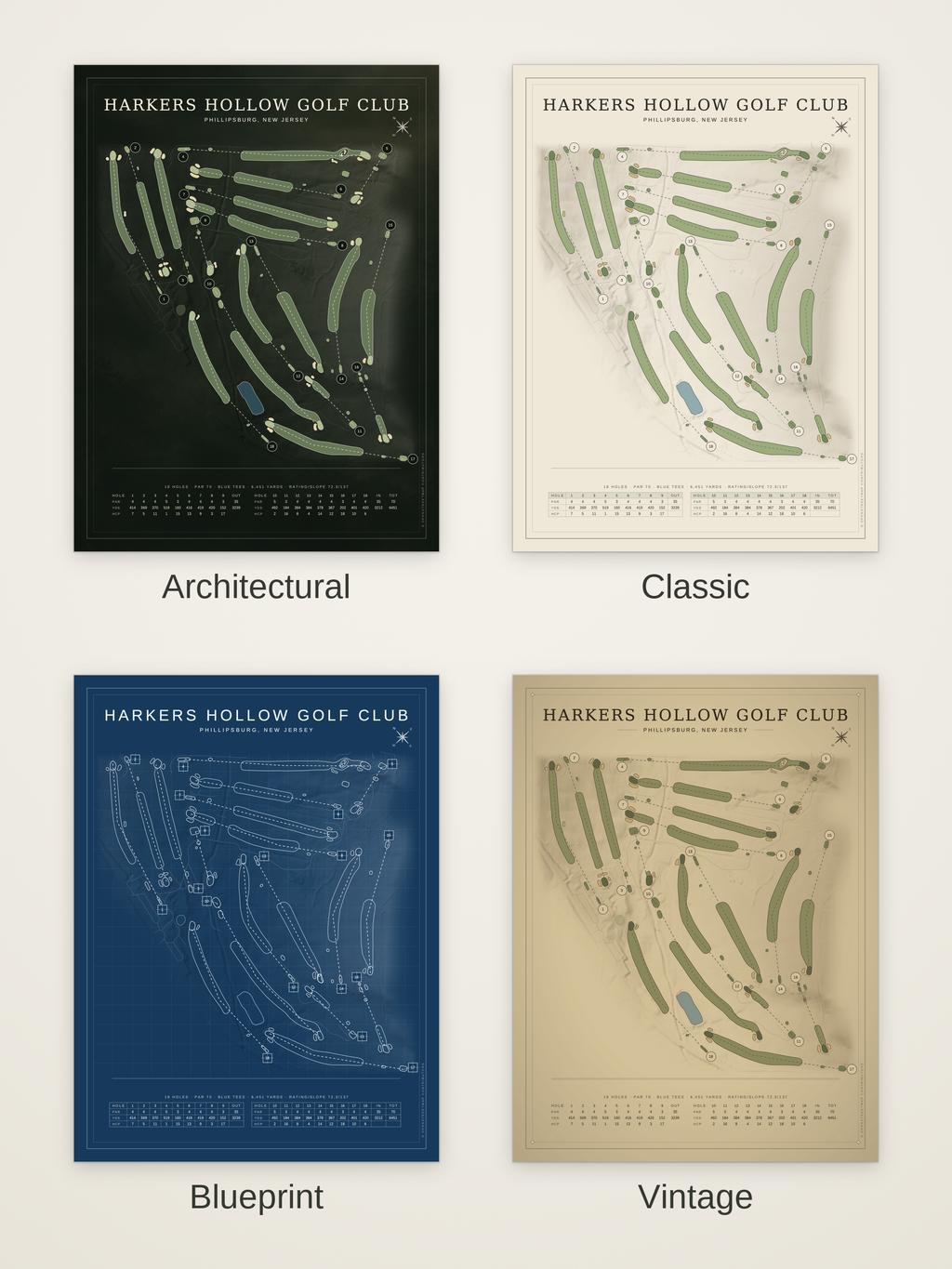 Harkers Hollow Golf Club course map poster in four styles: Architectural, Classic, Blueprint and Vintage