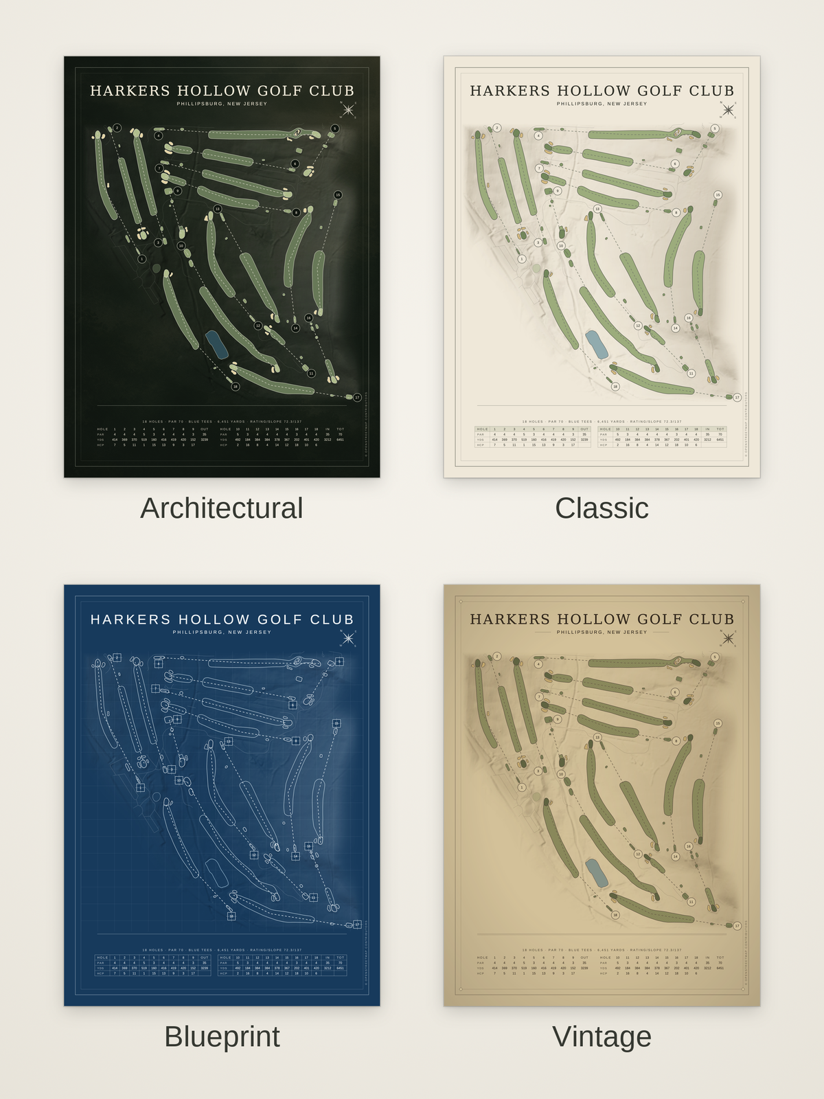 Harkers Hollow Golf Club course map poster in four styles: Architectural, Classic, Blueprint and Vintage