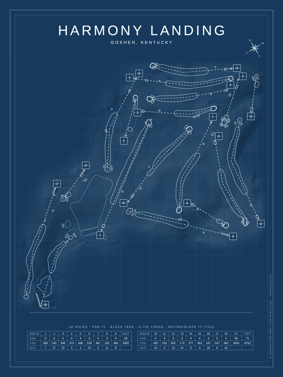 Harmony Landing course map poster, Blueprint style, 12×16 / 18×24