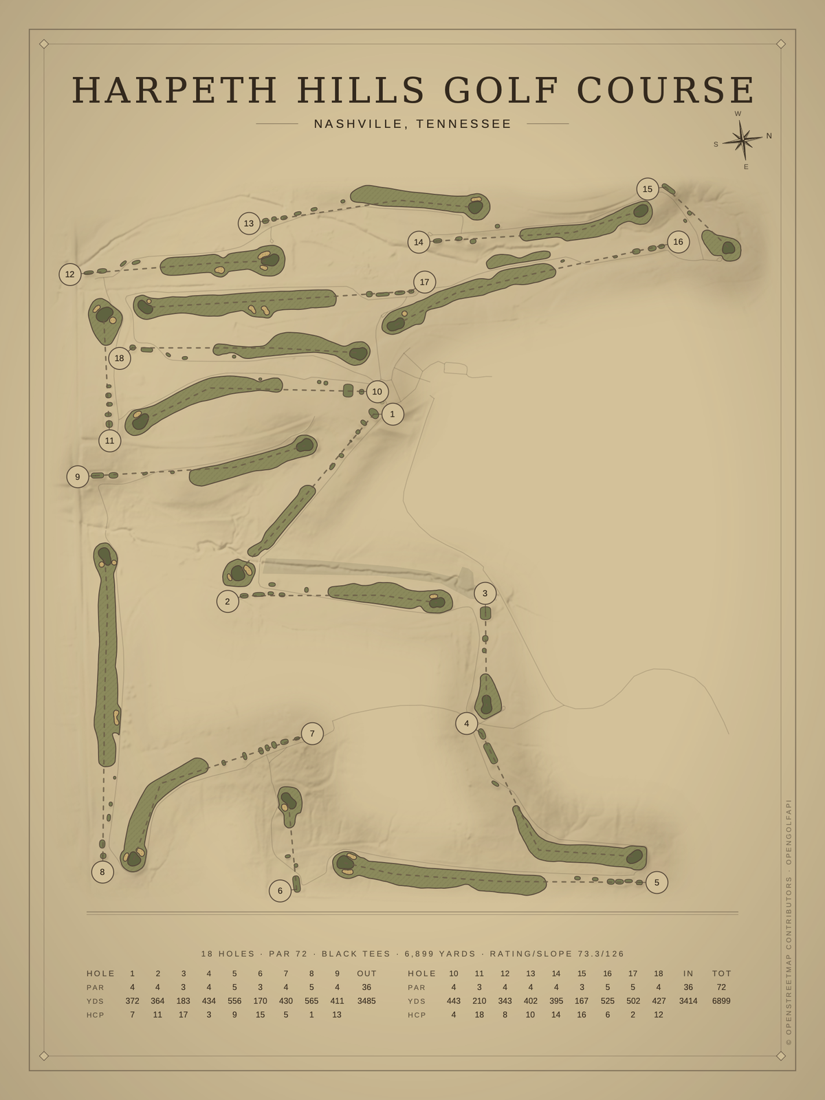 Harpeth Hills Golf Course map poster, Vintage style, 12×16 / 18×24
