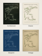 Harpeth Hills Golf Course map poster in four styles: Architectural, Classic, Blueprint and Vintage