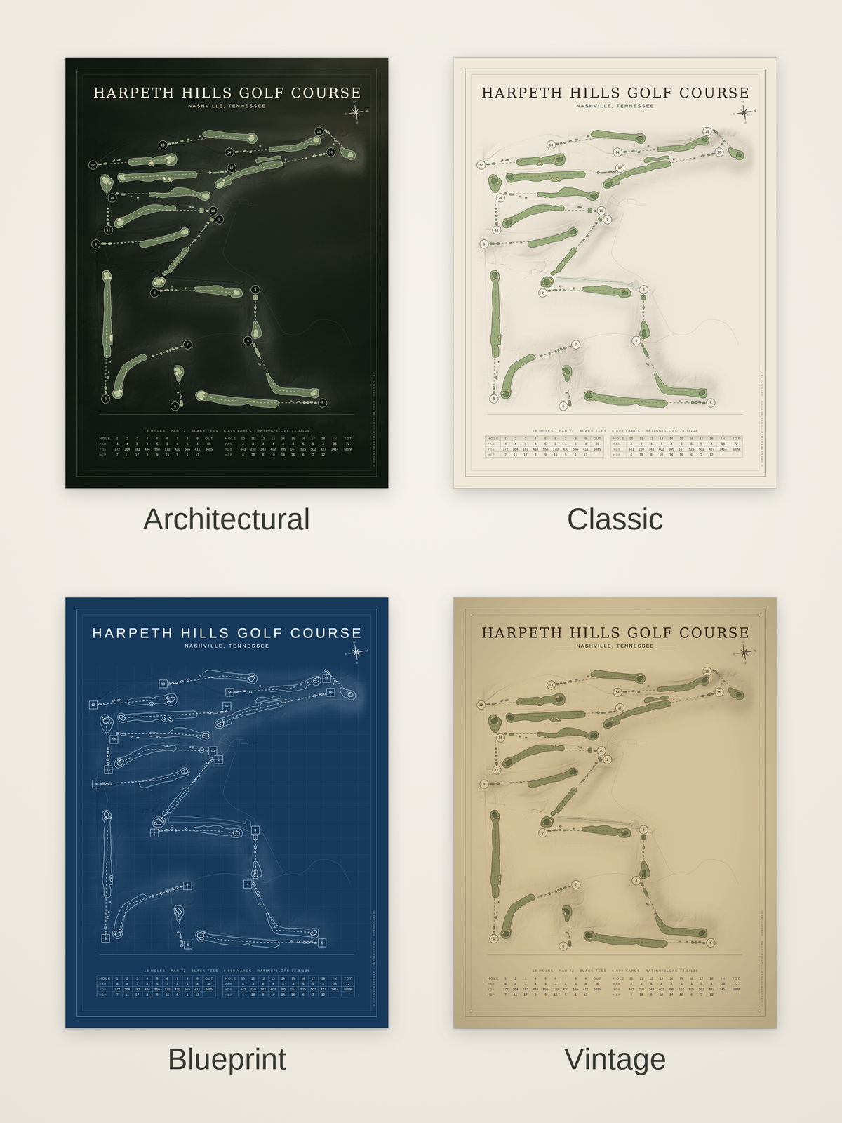 Harpeth Hills Golf Course map poster in four styles: Architectural, Classic, Blueprint and Vintage