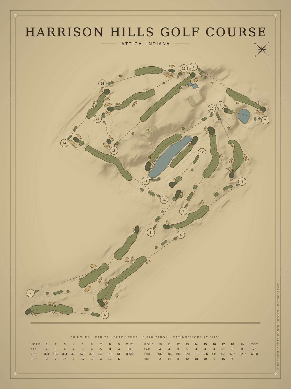 Harrison Hills Golf Course map poster, Vintage style, 12×16 / 18×24
