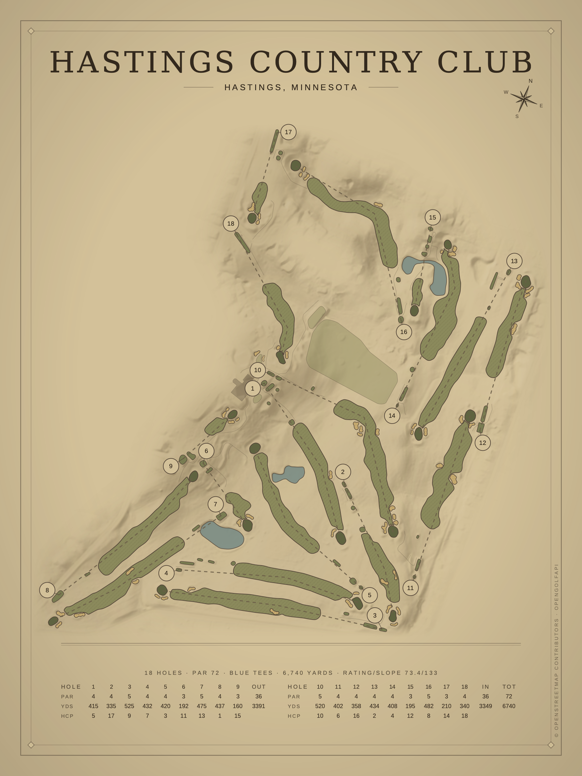 Hastings Country Club course map poster, Vintage style, 12×16 / 18×24