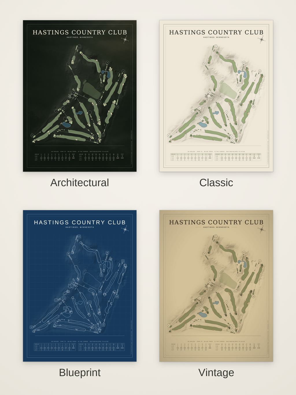 Hastings Country Club course map poster in four styles: Architectural, Classic, Blueprint and Vintage