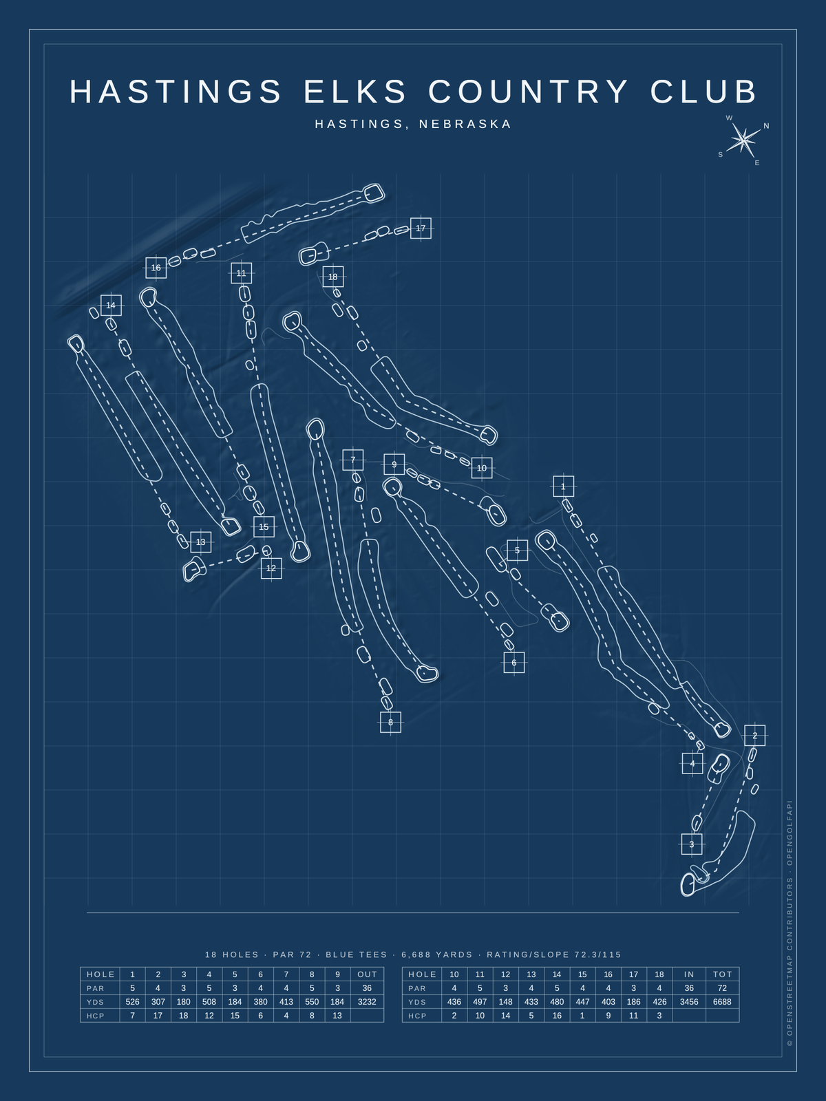 Hastings Elks Country Club course map poster, Blueprint style, 12×16 / 18×24