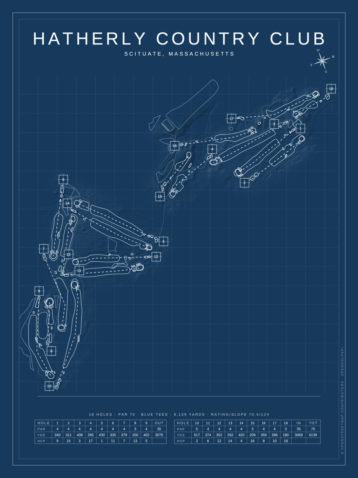 Hatherly Country Club course map poster, Blueprint style, 12×16 / 18×24