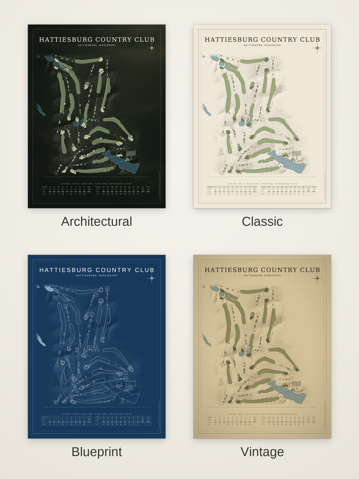 Hattiesburg Country Club course map poster in four styles: Architectural, Classic, Blueprint and Vintage