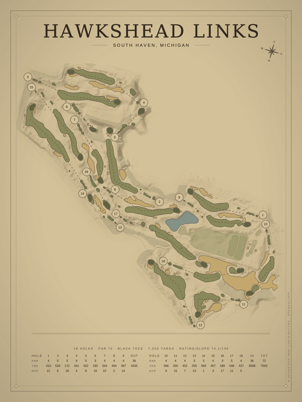 HawksHead Links course map poster, Vintage style, 12×16 / 18×24