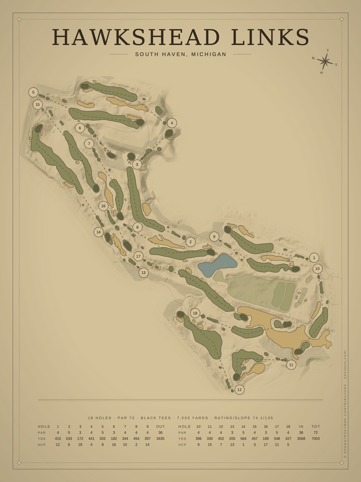 HawksHead Links course map poster, Vintage style, 12×16 / 18×24