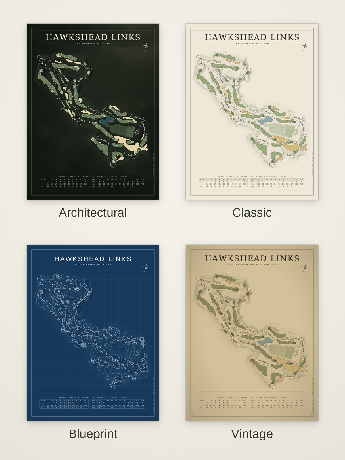 HawksHead Links course map poster in four styles: Architectural, Classic, Blueprint and Vintage