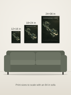 HawksHead Links course map poster in the Architectural style at 12×16, 18×24 and 24×36 inches, shown to scale on a wall above an 84-inch sofa