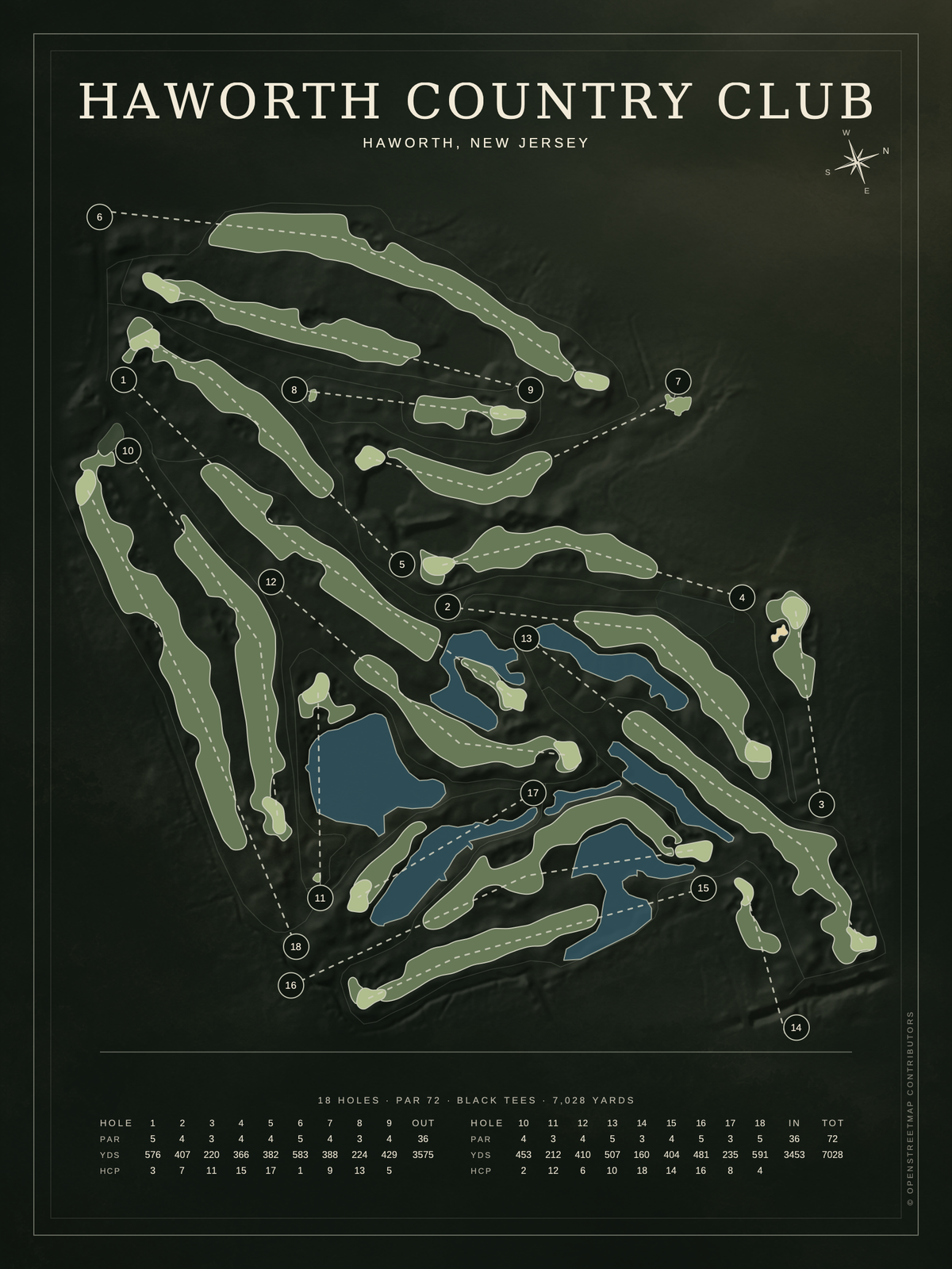 Haworth Country Club course map poster, Architectural style, 12×16 / 18×24