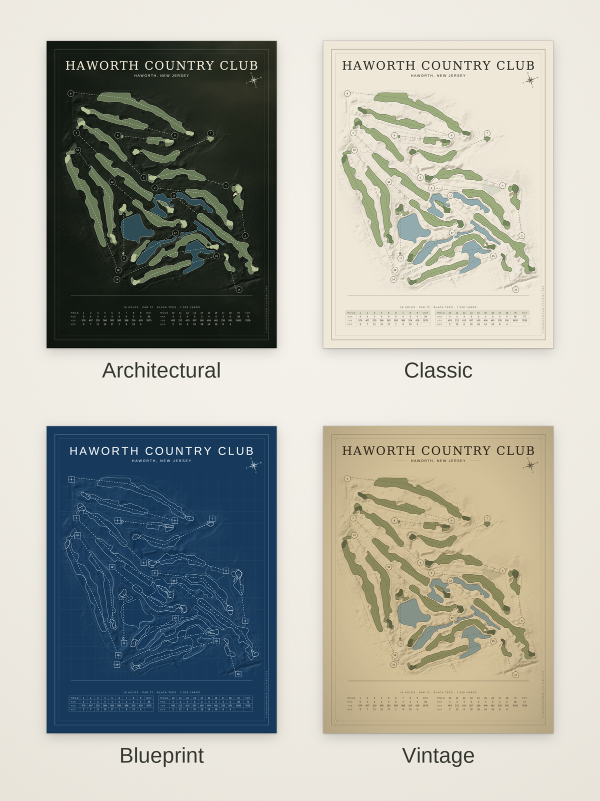 Haworth Country Club course map poster in four styles: Architectural, Classic, Blueprint and Vintage