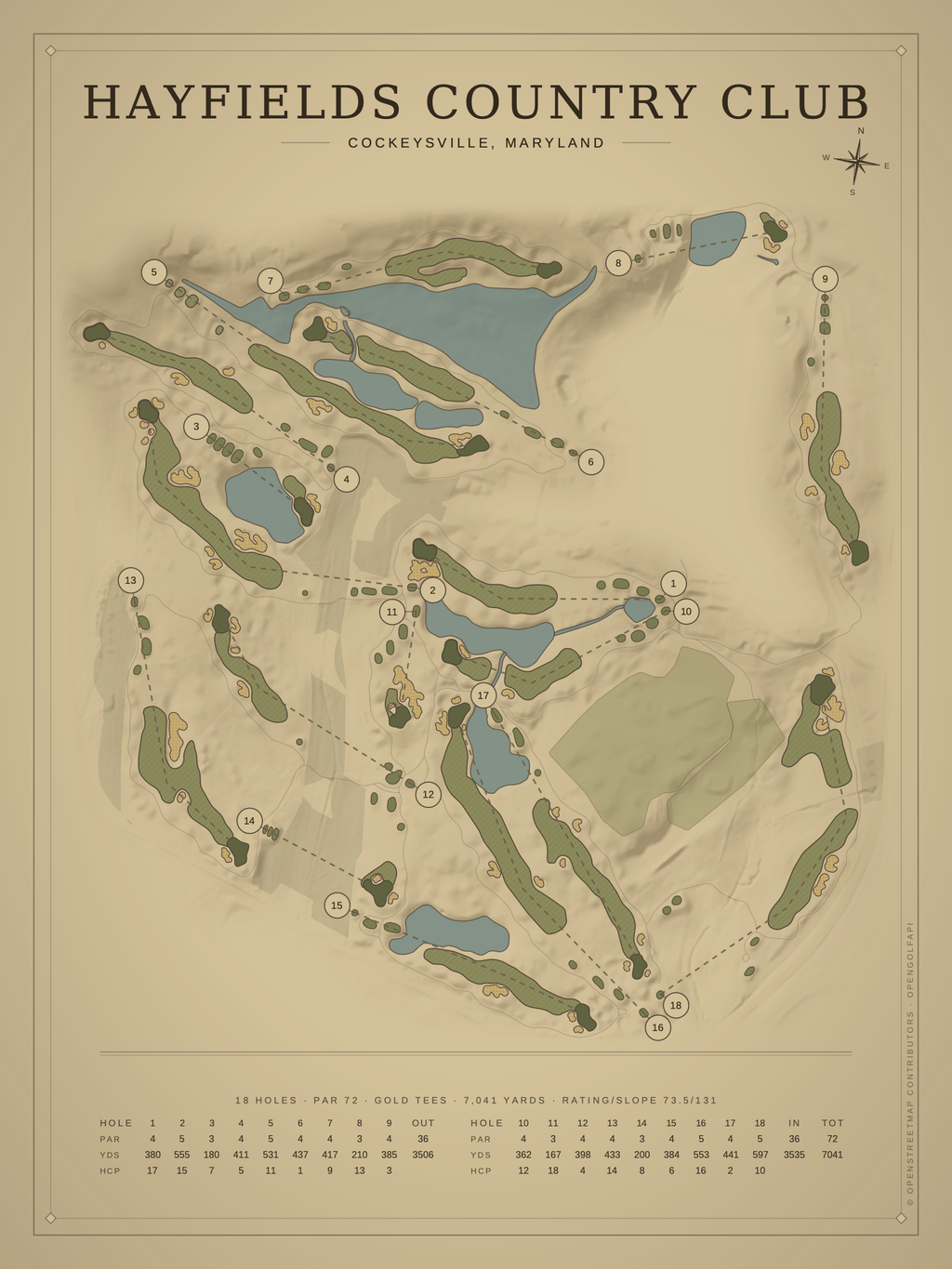 Hayfields Country Club course map poster, Vintage style, 12×16 / 18×24