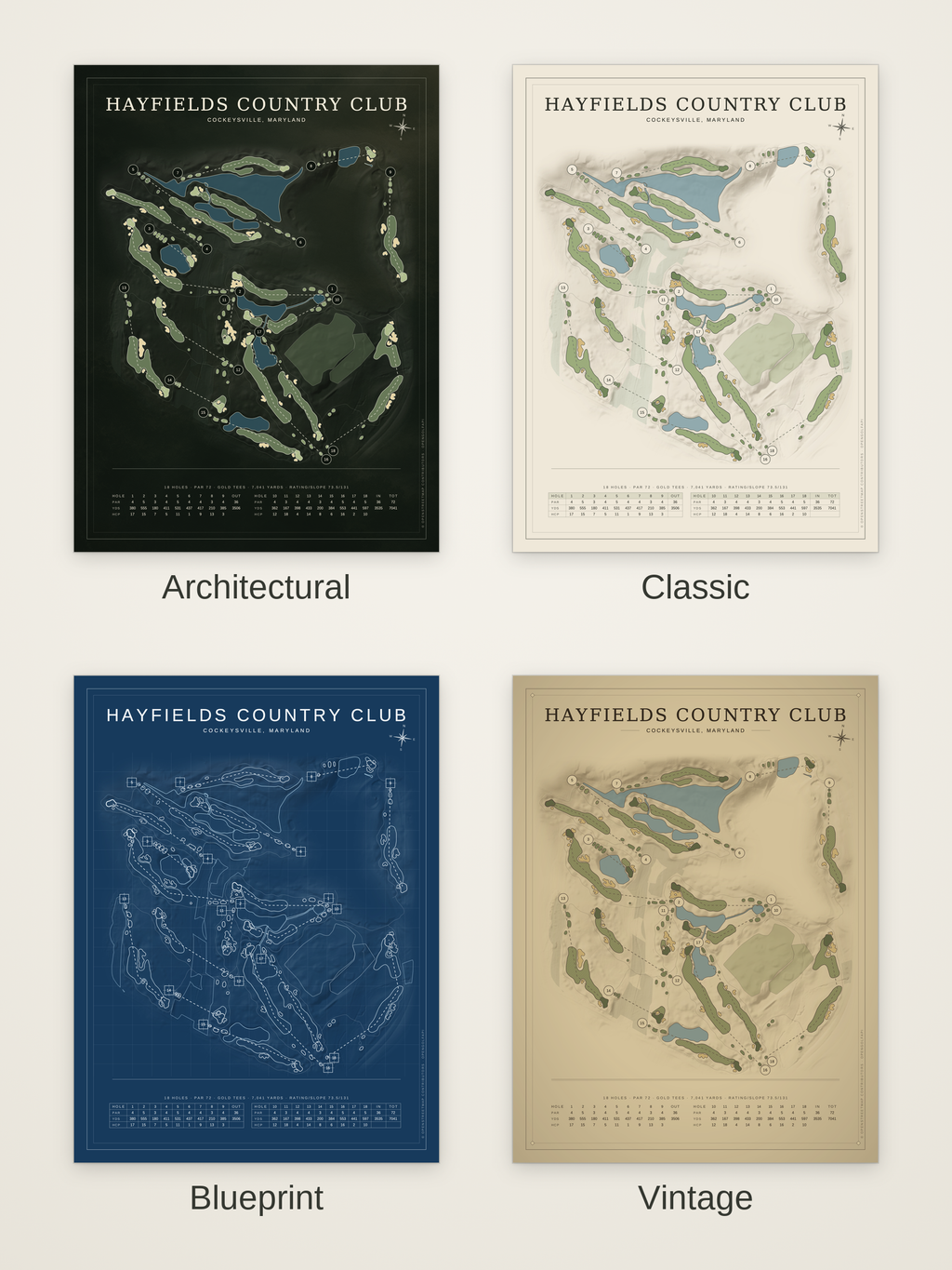 Hayfields Country Club course map poster in four styles: Architectural, Classic, Blueprint and Vintage