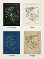 Hayfields Country Club course map poster in four styles: Architectural, Classic, Blueprint and Vintage